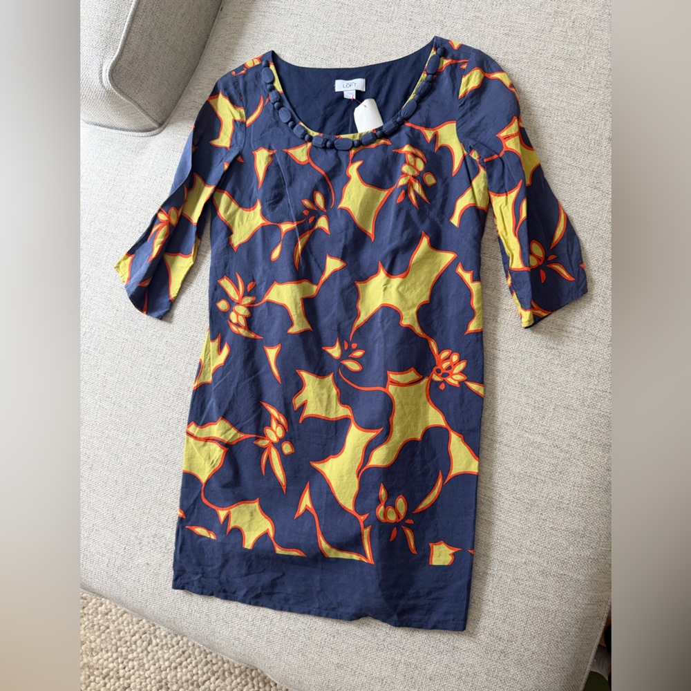 LOFT shift dress Navy and Yellow Dress with Red Accents